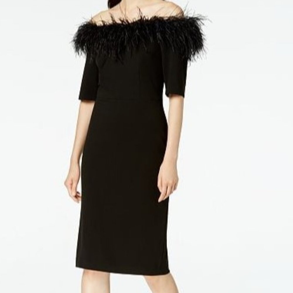 Calvin Klein Off-The-Shoulder Feather Trim Black Dress_SIze 14